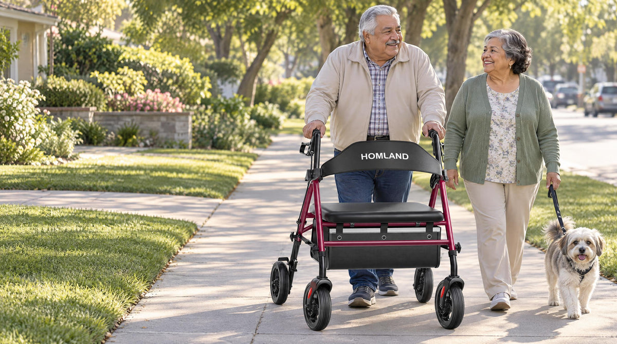 Senior couple walking outdoors, husband using a HOMLAND bariatric rollator walker with extra-wide frame and seat