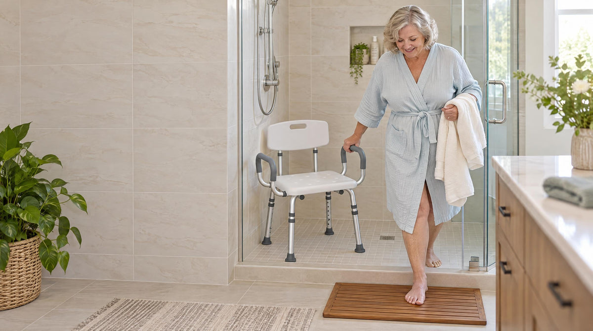 Larger senior woman stepping out of the shower, hand on a heavy-duty shower chair arm - bariatric shower chairs