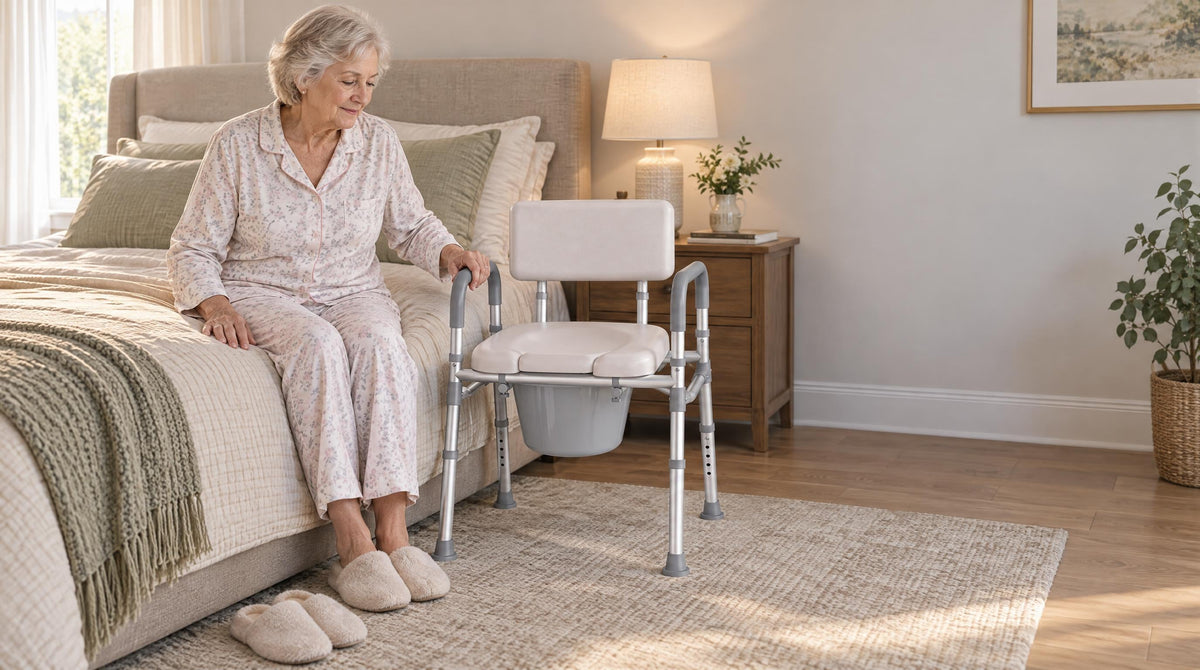 Senior woman seated on the edge of her bed with one hand on a bedside commode arm, ready to stand - types of bedside commodes