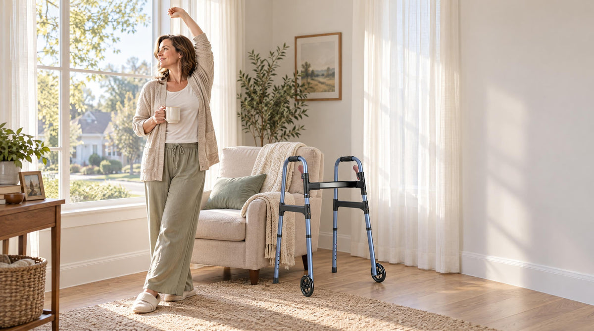 Adult daughter stretching at a sunlit window, her parent's folding walker by the armchair - caregiver burnout symptoms