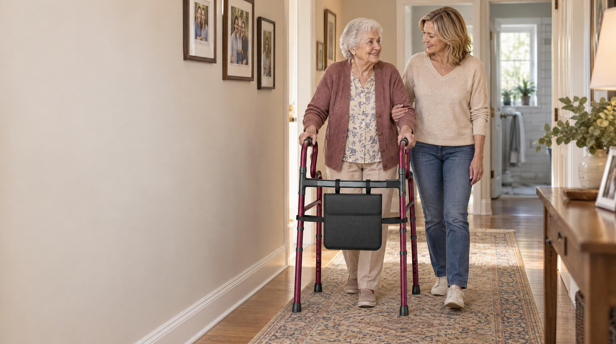 Elderly mother walking the hallway with a folding walker as her daughter walks beside her - finding caregiver support groups