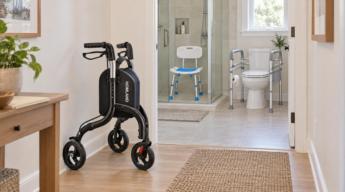 HOMLAND three-wheel rollator in the hallway, shower chair and toilet frame through the bathroom door - caring for parents