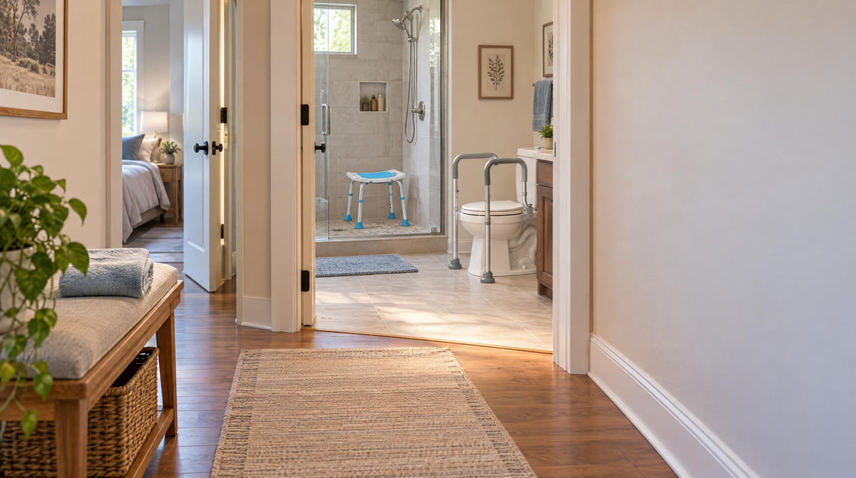 Hallway ready for a parent coming home, shower stool and toilet rail through the bathroom door - family caregiver guide