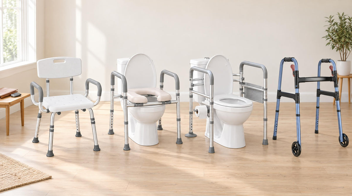 Shower chair, raised toilet seat, toilet safety frame and folding walker in a row - FSA-eligible mobility and bathroom items