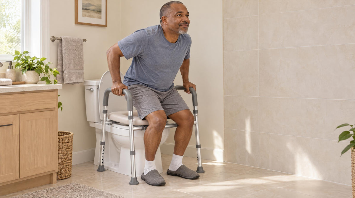 Man standing up from a raised toilet seat using both grab arms during hip replacement recovery - equipment you need