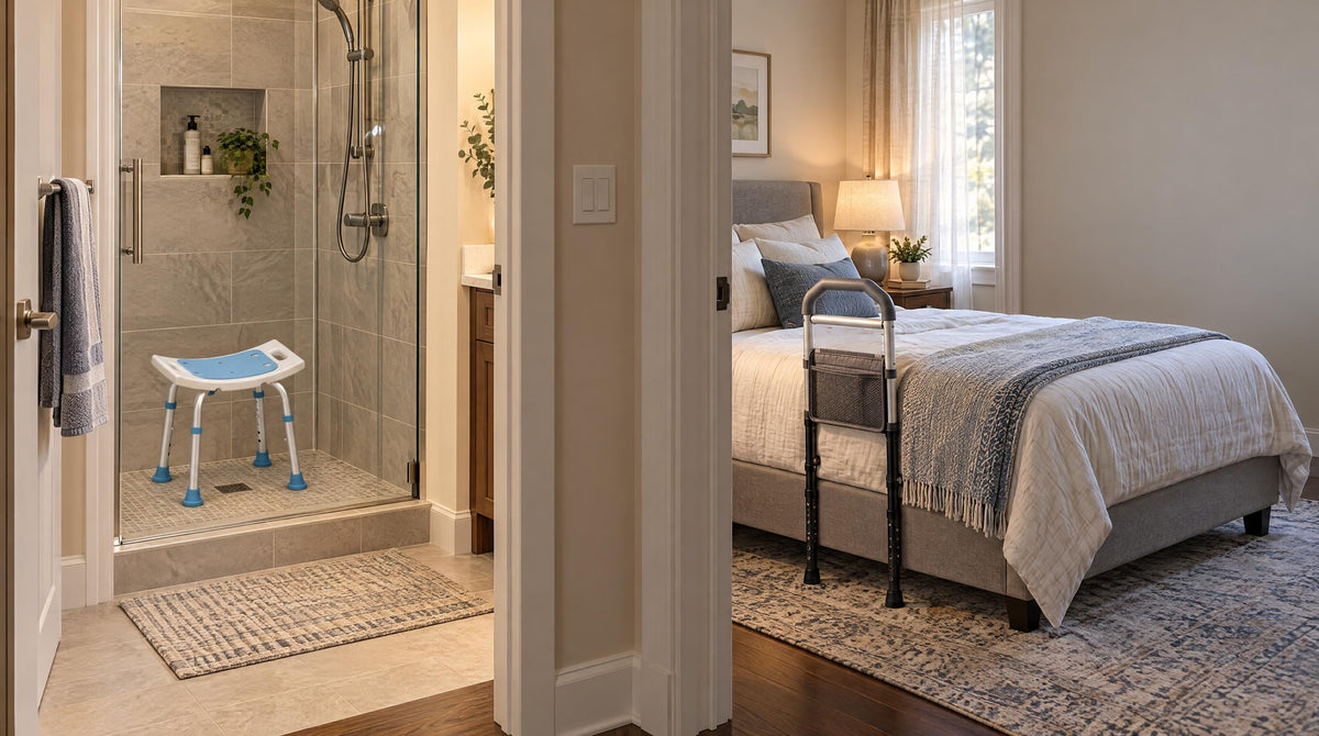 Shower stool in a walk-in shower and a bed rail at the bedside, seen from the hallway - independent living aids for seniors