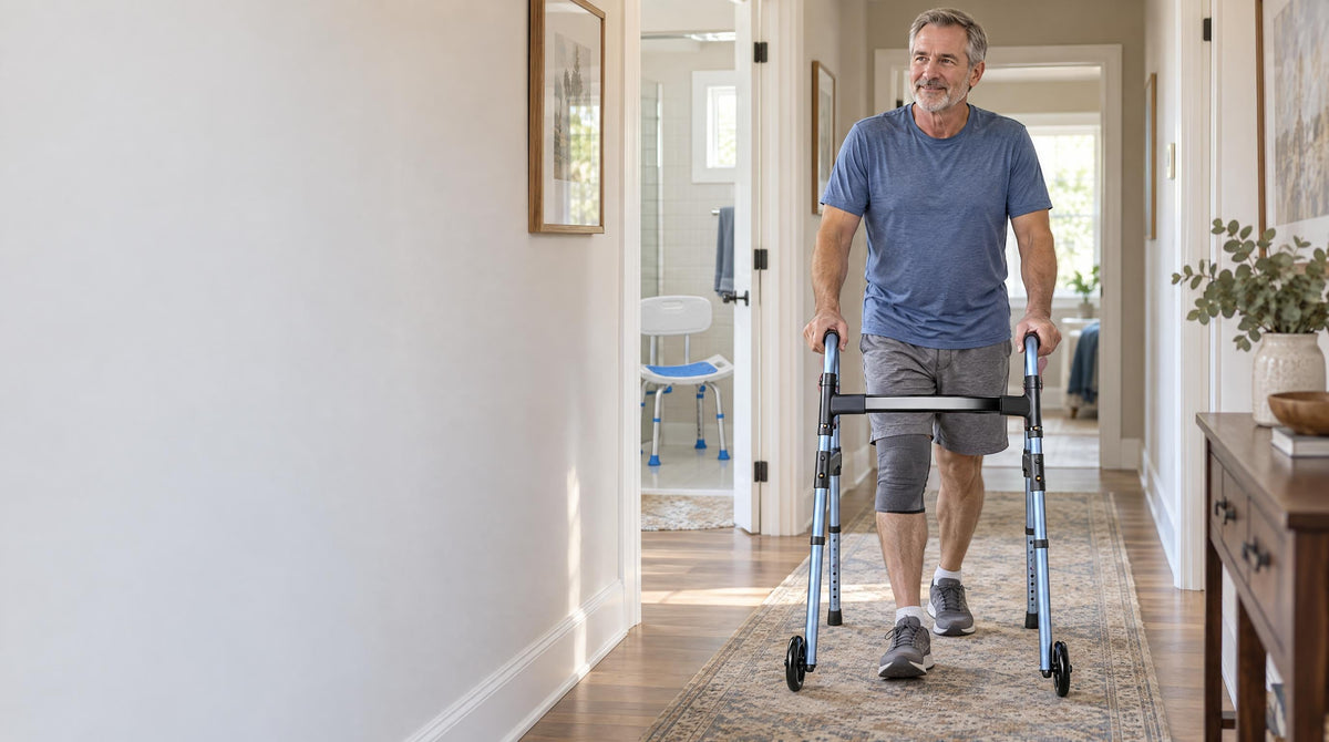 Man with a soft knee brace walking with a folding walker, shower chair through the bathroom door - knee replacement recovery