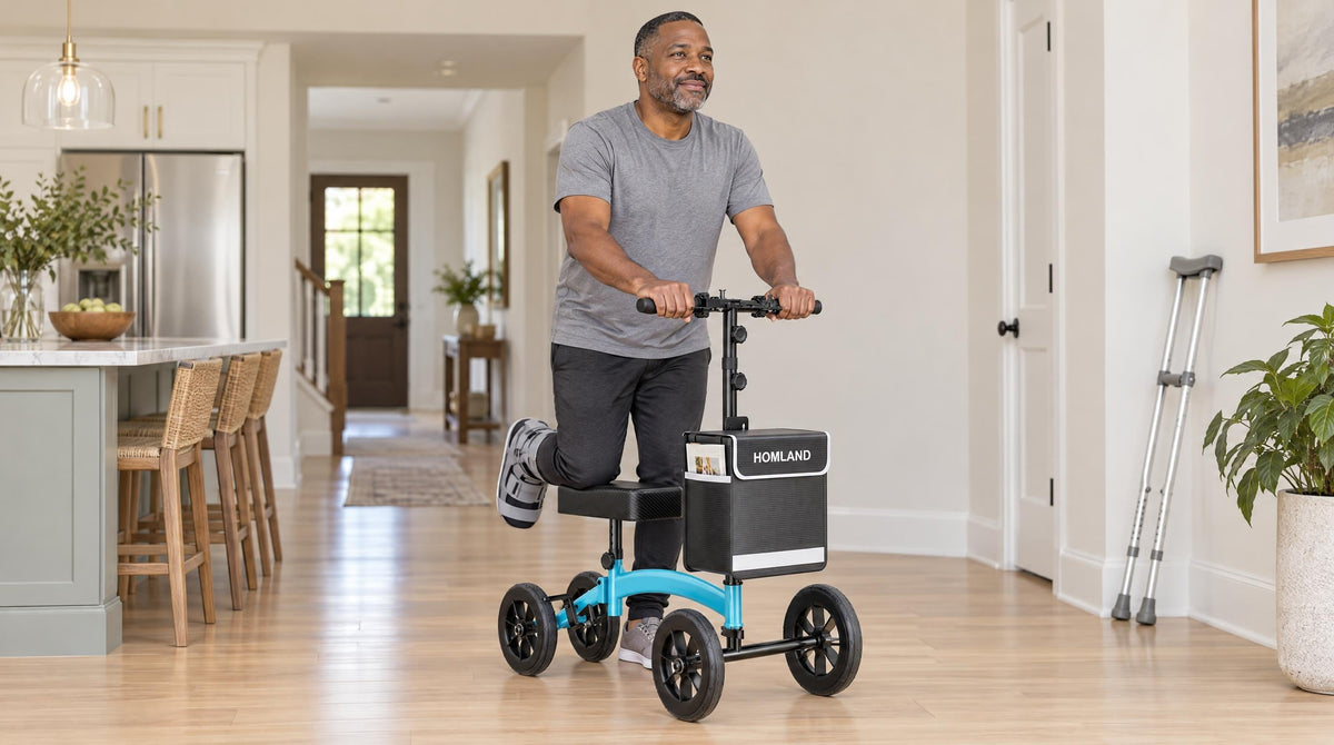 Man riding a HOMLAND knee scooter, booted foot raised, crutches leaning unused on the wall - knee scooter vs crutches