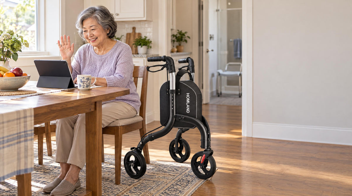 Senior woman waving on a tablet video call, HOMLAND three-wheel rollator beside her chair - long-distance caregiving