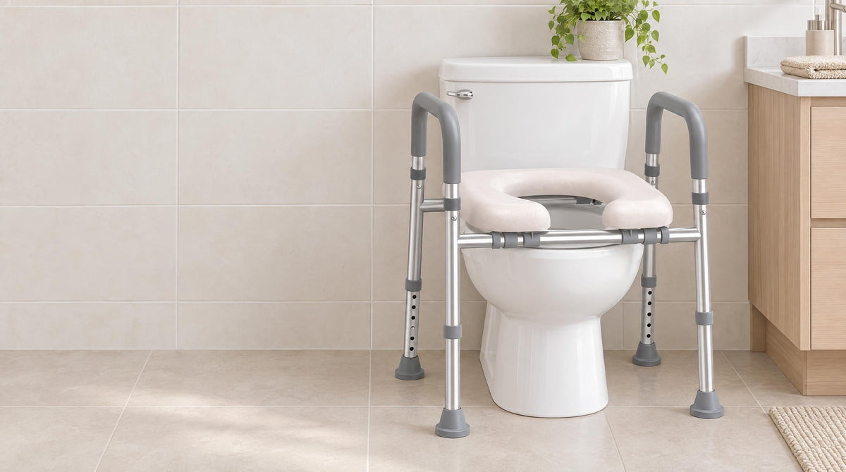 Raised toilet seat with grab arms fitted on a home bathroom toilet - bathroom safety and fall prevention for seniors