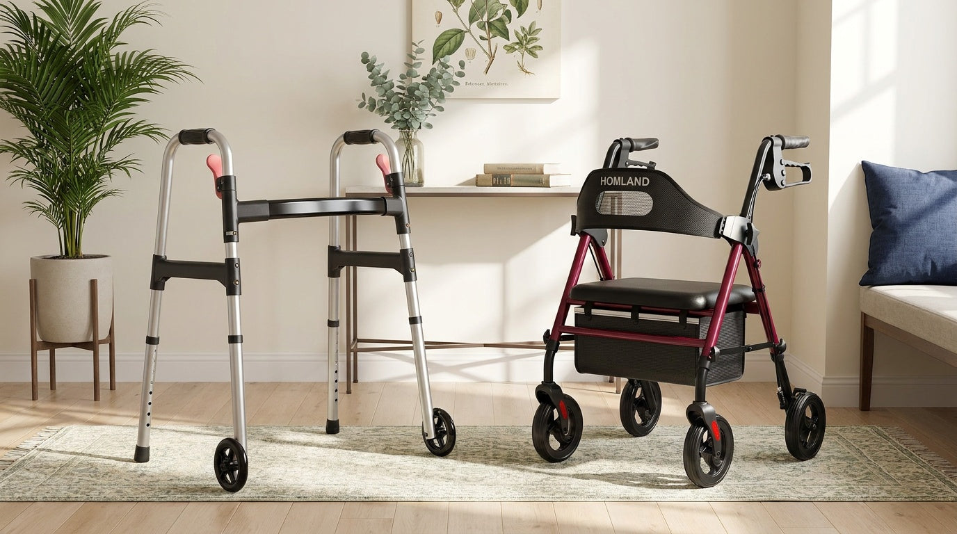Standard walker beside a 4-wheel rollator with seat in a sunlit home — comparing mobility aids for aging in place