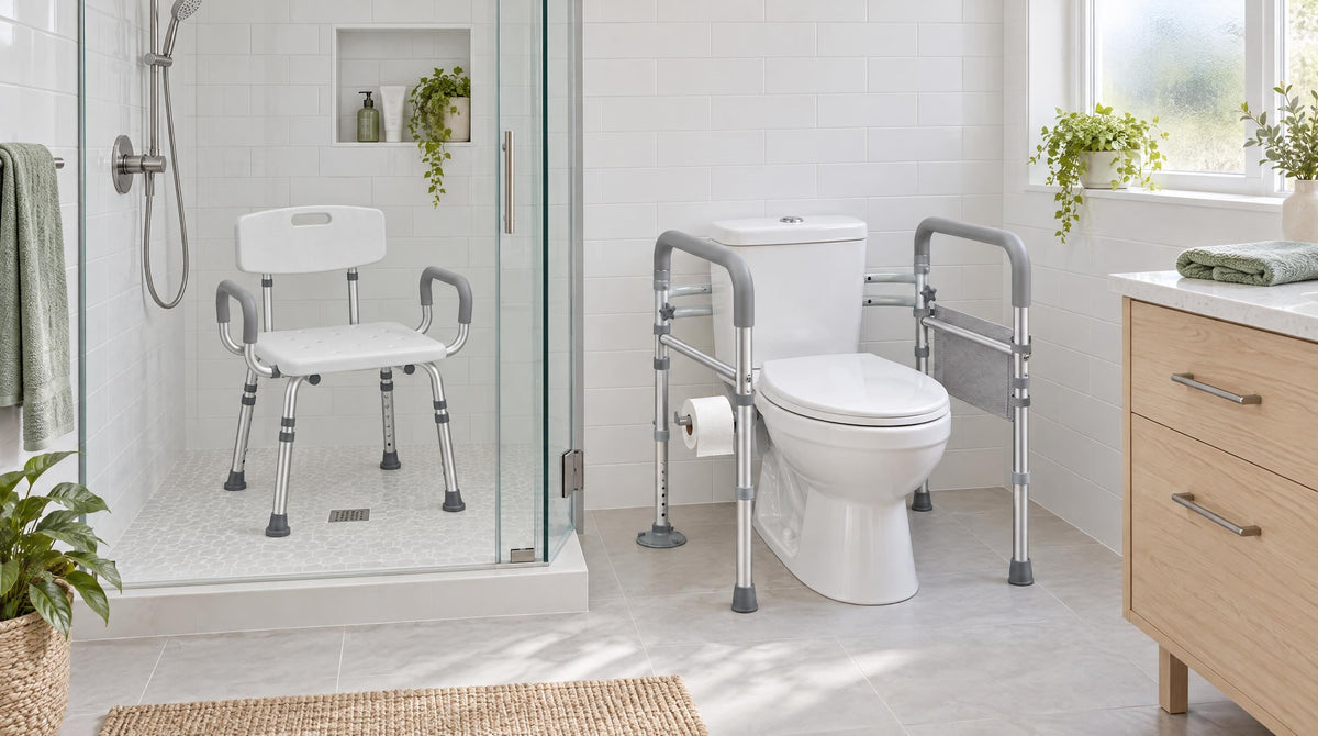 Shower chair in a walk-in shower and a toilet safety frame in a bright family bathroom - senior home safety checklist