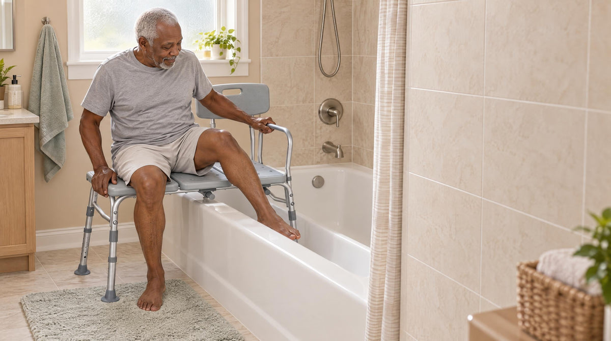 Senior man using a tub transfer bench, seated and swinging one leg over the bathtub rim - safe bathtub transfer for seniors