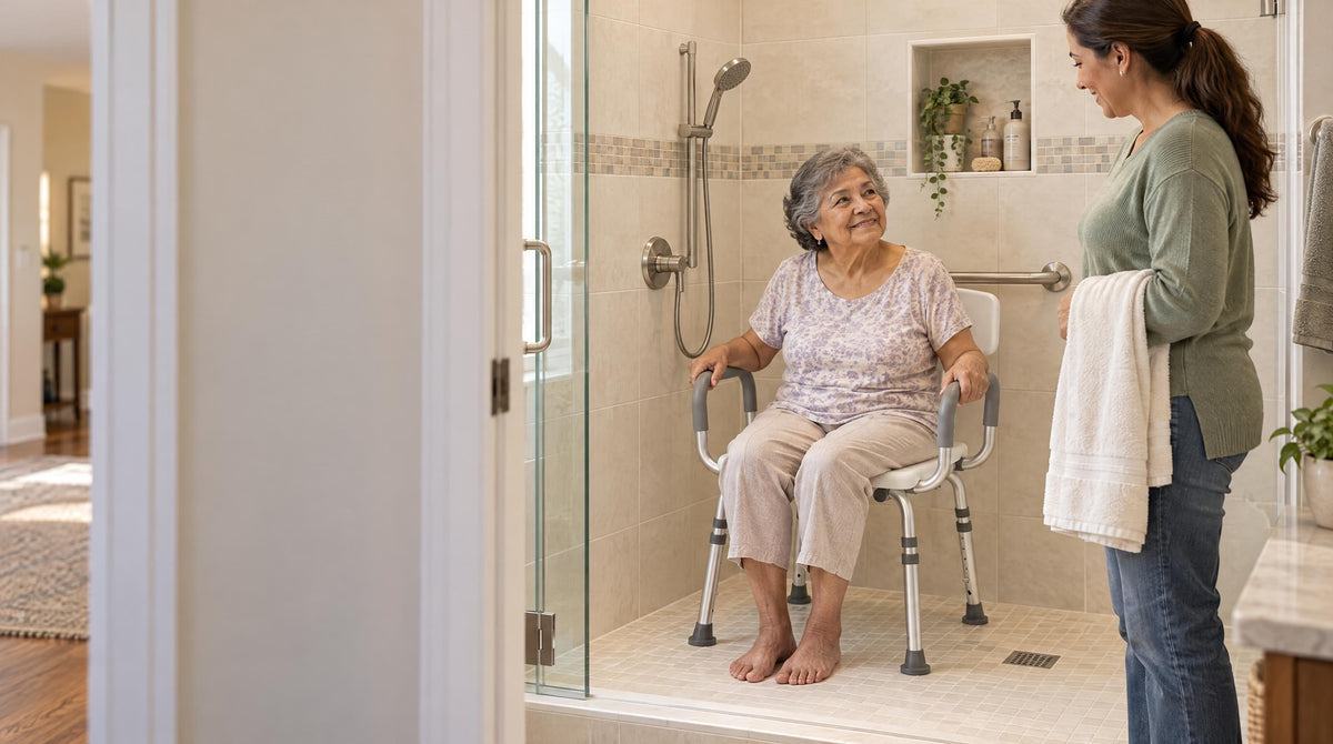 Senior woman holding both arms of a shower chair while her daughter waits with a towel - stability for safer bathing