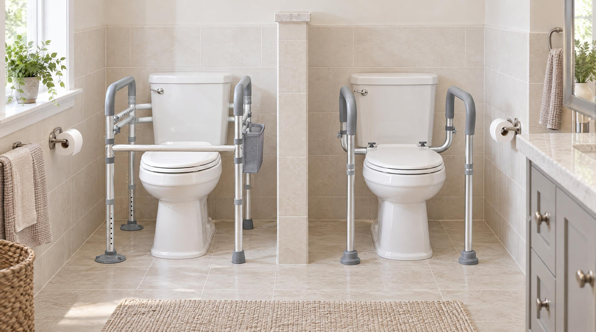 Two toilet safety rails compared side by side - free-standing frame and seat-mounted rail on home toilets