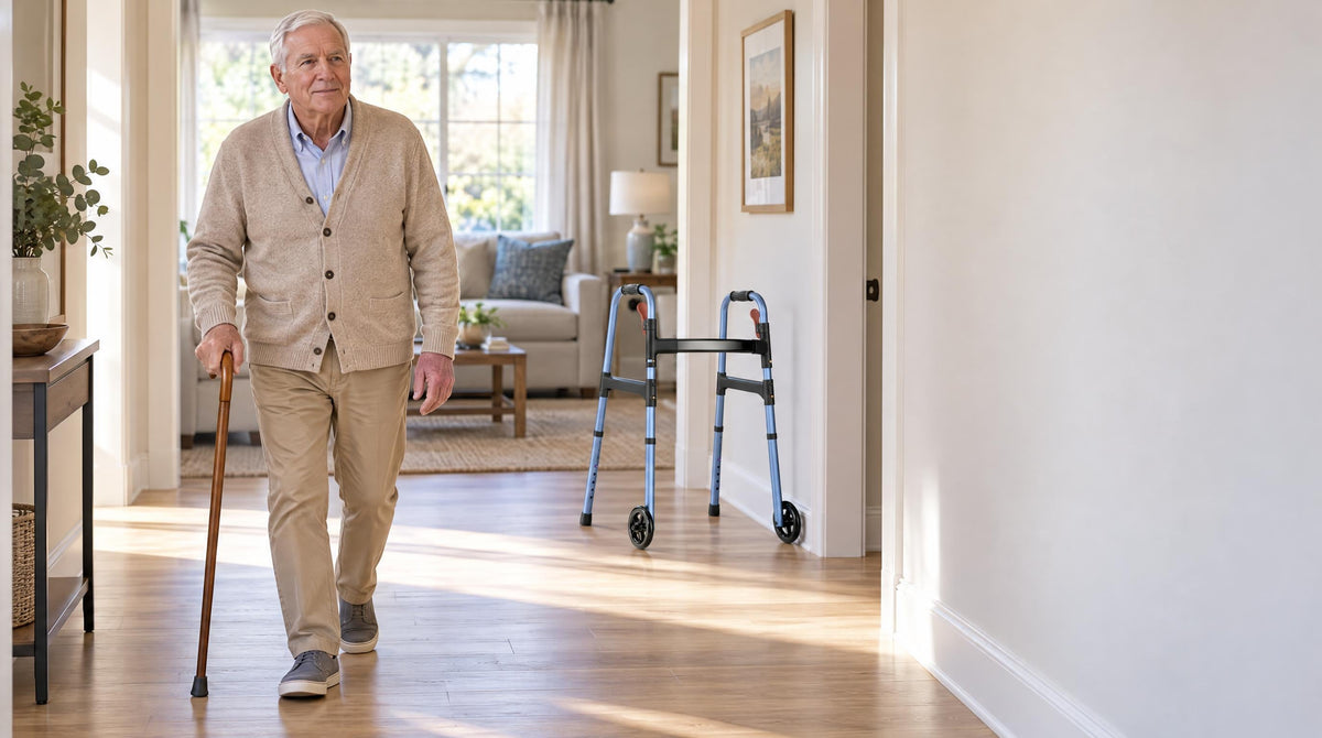Senior man walking with a cane indoors, folding walker parked by the doorway - cane types, sizing and safe use for seniors