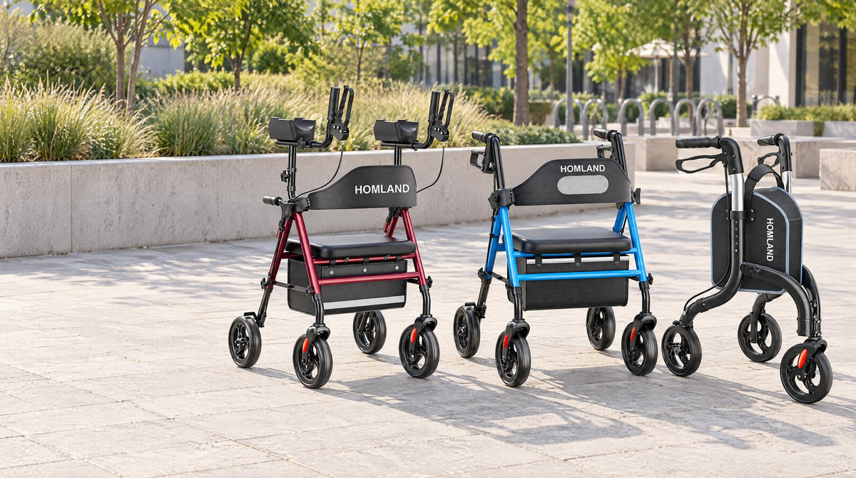 Three HOMLAND rollator walker types side by side outdoors - upright, four-wheel and three-wheel mobility support for seniors