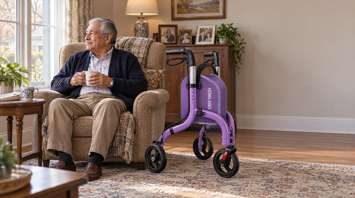 Senior man in his armchair with a HOMLAND three-wheel rollator in reach - when to consider assisted living