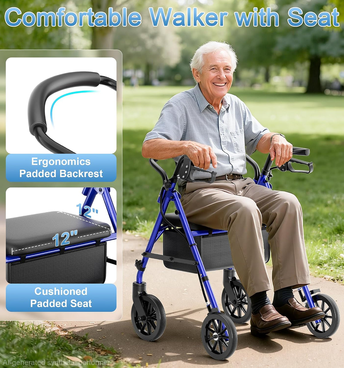 R16 Classic Rollator Walker with Seat #Color_Blue