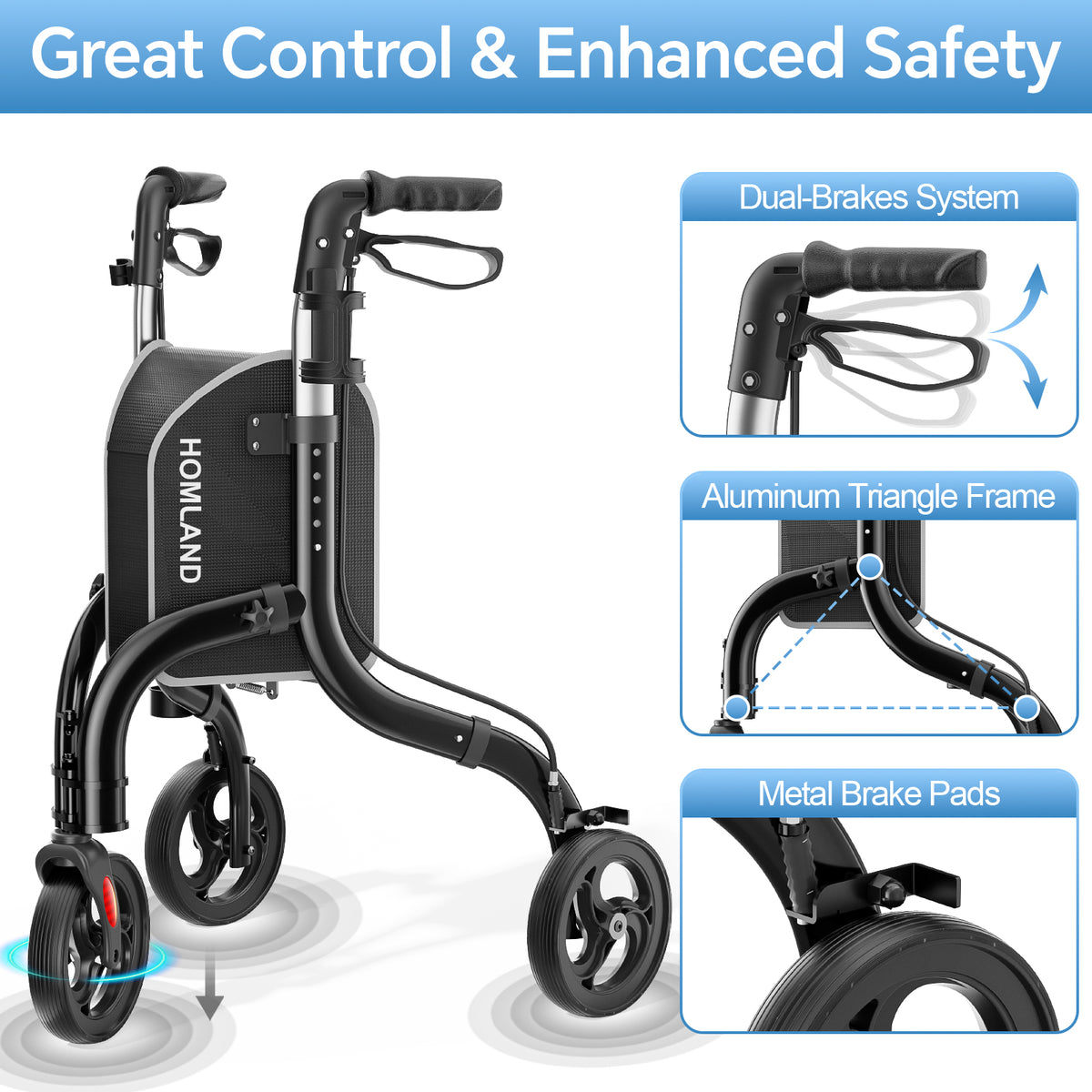 RW310 Ultra Lightweight 3-Wheel Rollator #Color_Black