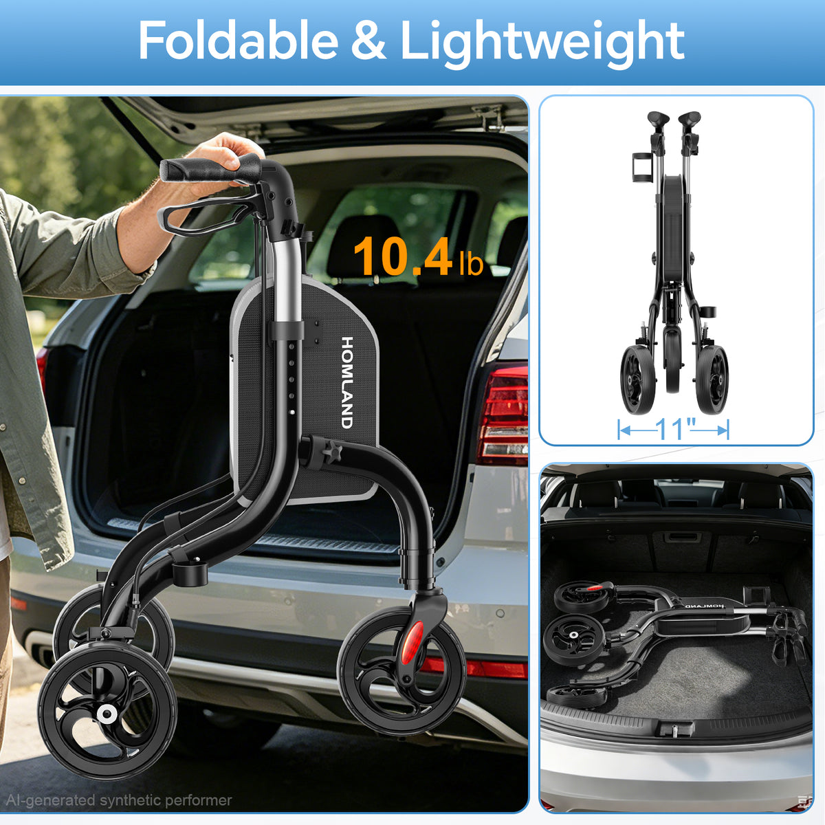 RW310 Ultra Lightweight 3-Wheel Rollator #Color_Black