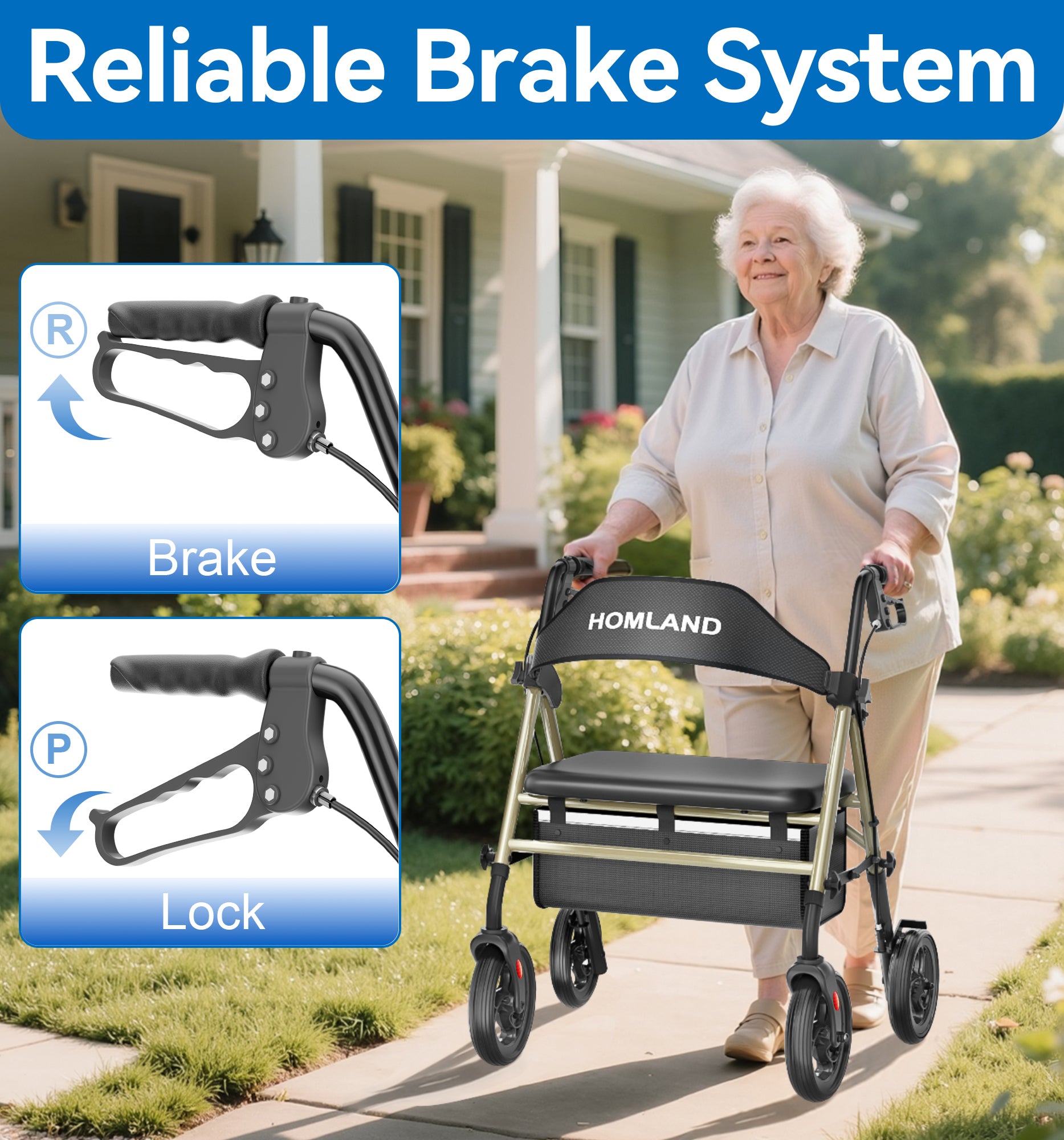 R15 HOMLAND Bariatric Walkers for Seniors, 500lb Heavy Duty Rollator Walker, 19.7" Extra Wide Padded Seat, 8" All Terrain Foldable Rolling Walker with Dual-Height Adjustable