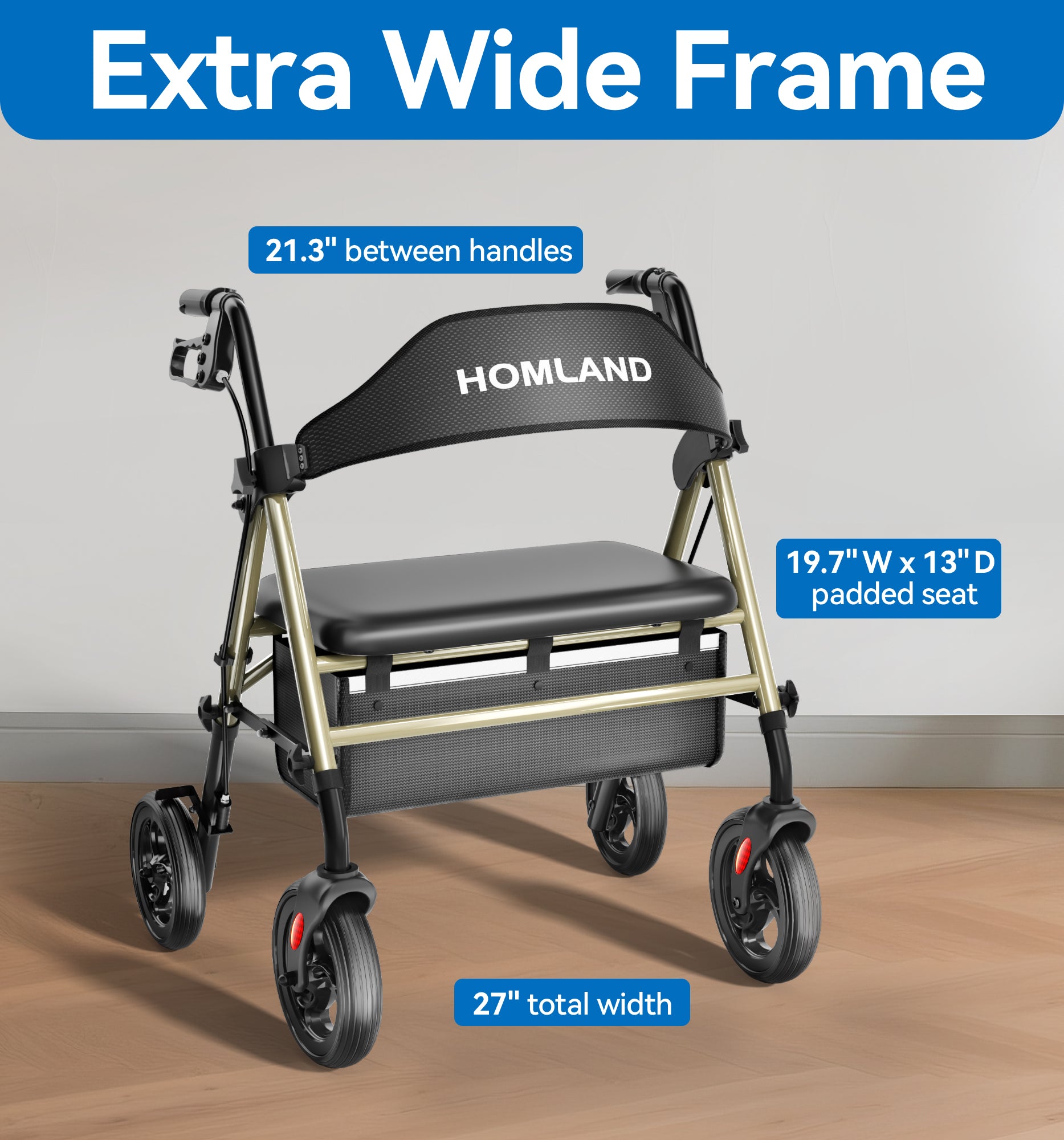 R15 HOMLAND Bariatric Walkers for Seniors, 500lb Heavy Duty Rollator Walker, 19.7" Extra Wide Padded Seat, 8" All Terrain Foldable Rolling Walker with Dual-Height Adjustable
