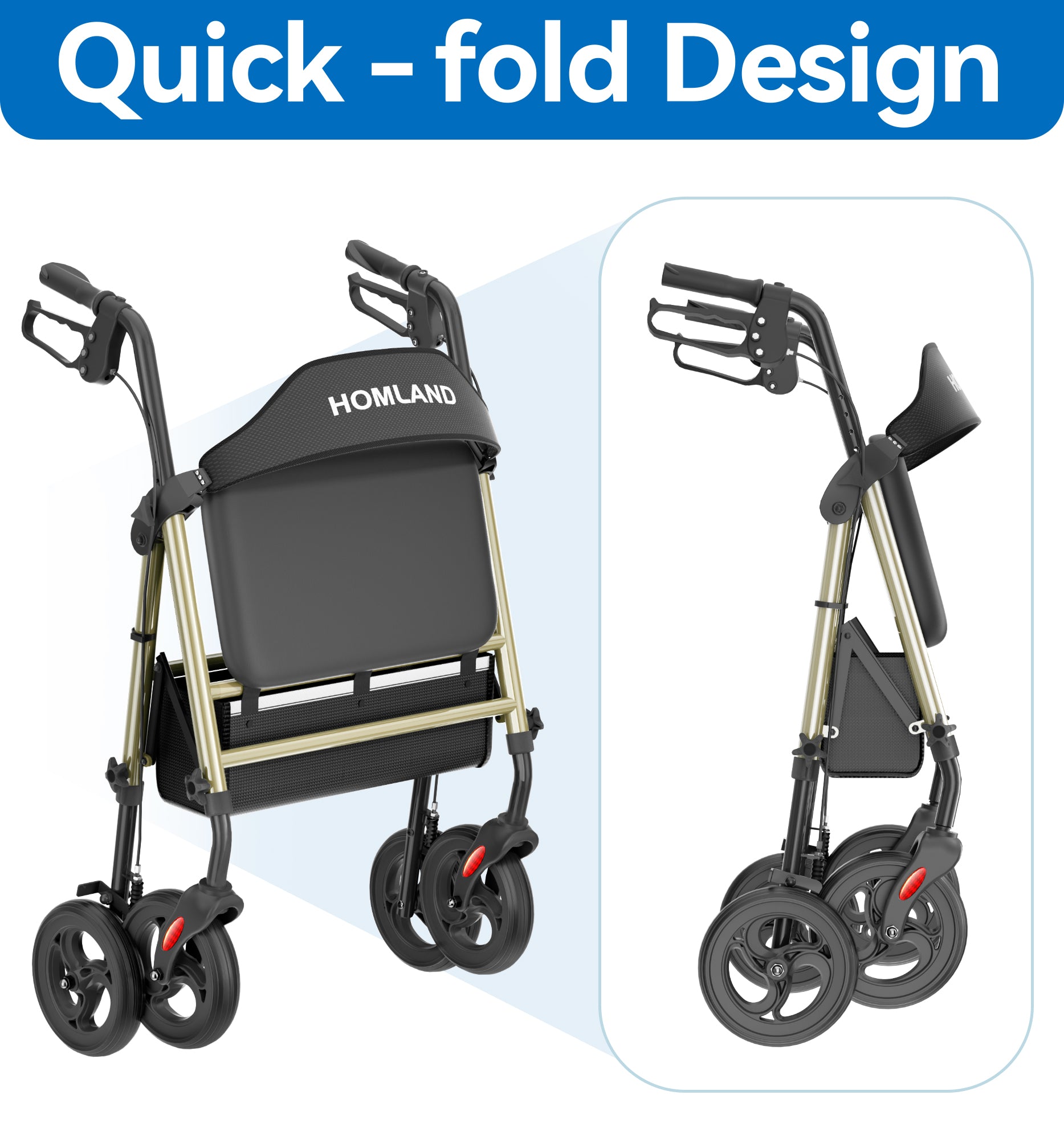 R15 HOMLAND Bariatric Walkers for Seniors, 500lb Heavy Duty Rollator Walker, 19.7" Extra Wide Padded Seat, 8" All Terrain Foldable Rolling Walker with Dual-Height Adjustable