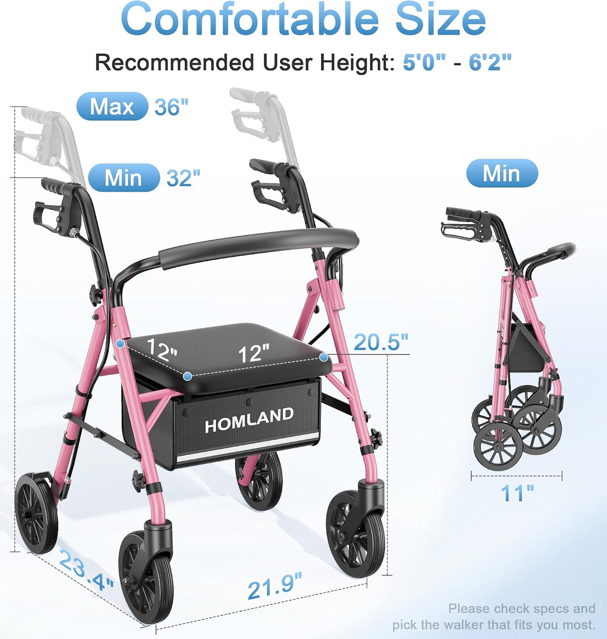 R16 Classic Rollator Walker with Seat #Color_Pink