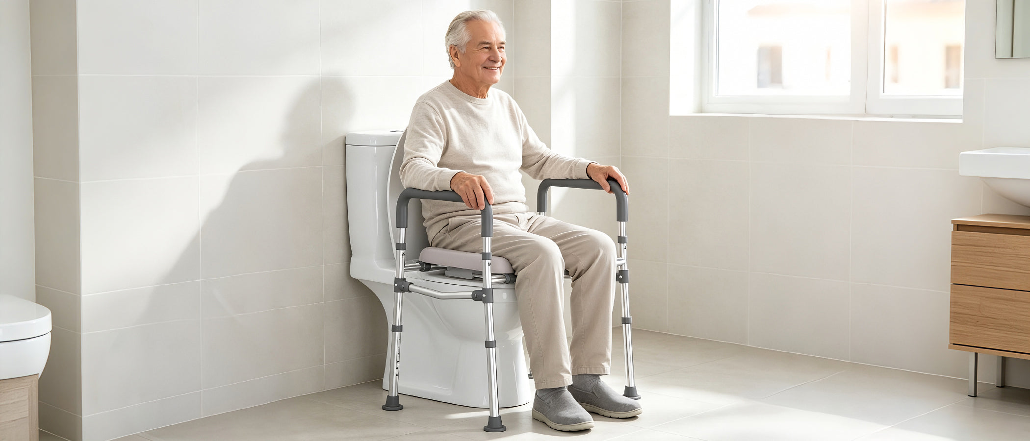 Older man seated on the C2 raised toilet seat with both hands on the padded handles