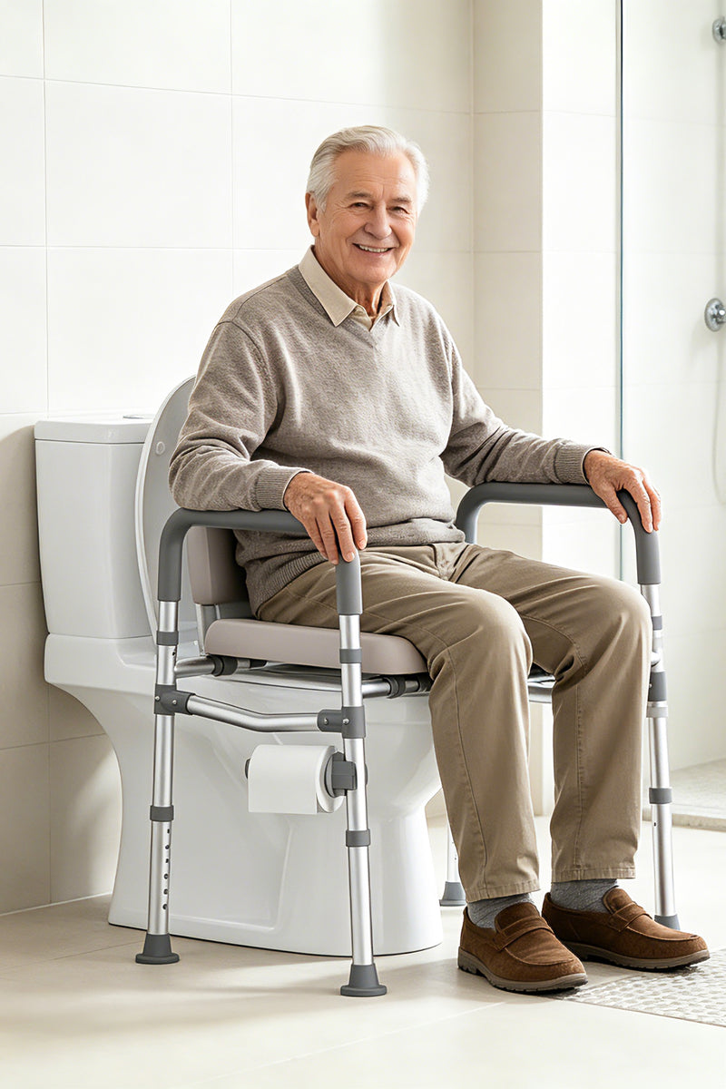 Senior man sitting on a HOMLAND C4 raised toilet seat with padded armrests in a bright bathroom.