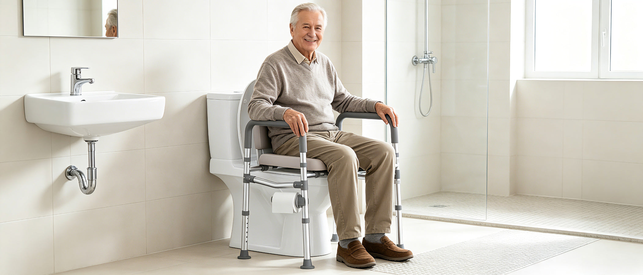 Senior man sitting on a HOMLAND C4 raised toilet seat with padded armrests in a bright bathroom.