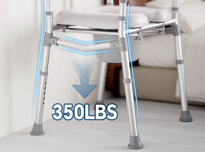 HOMLAND C9 bedside commode showing reinforced aluminum crossbar and 350 lb capacity callout