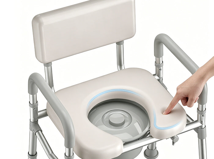 Close-up of HOMLAND C9 padded commode seat with finger pressing on the cushion to shown the softness