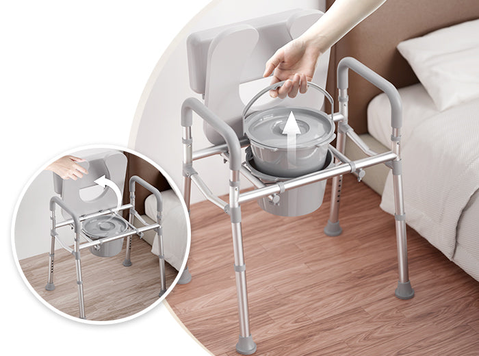 Person lifting the removable 6.8 qt bucket with lid from the HOMLAND C9 bedside commode