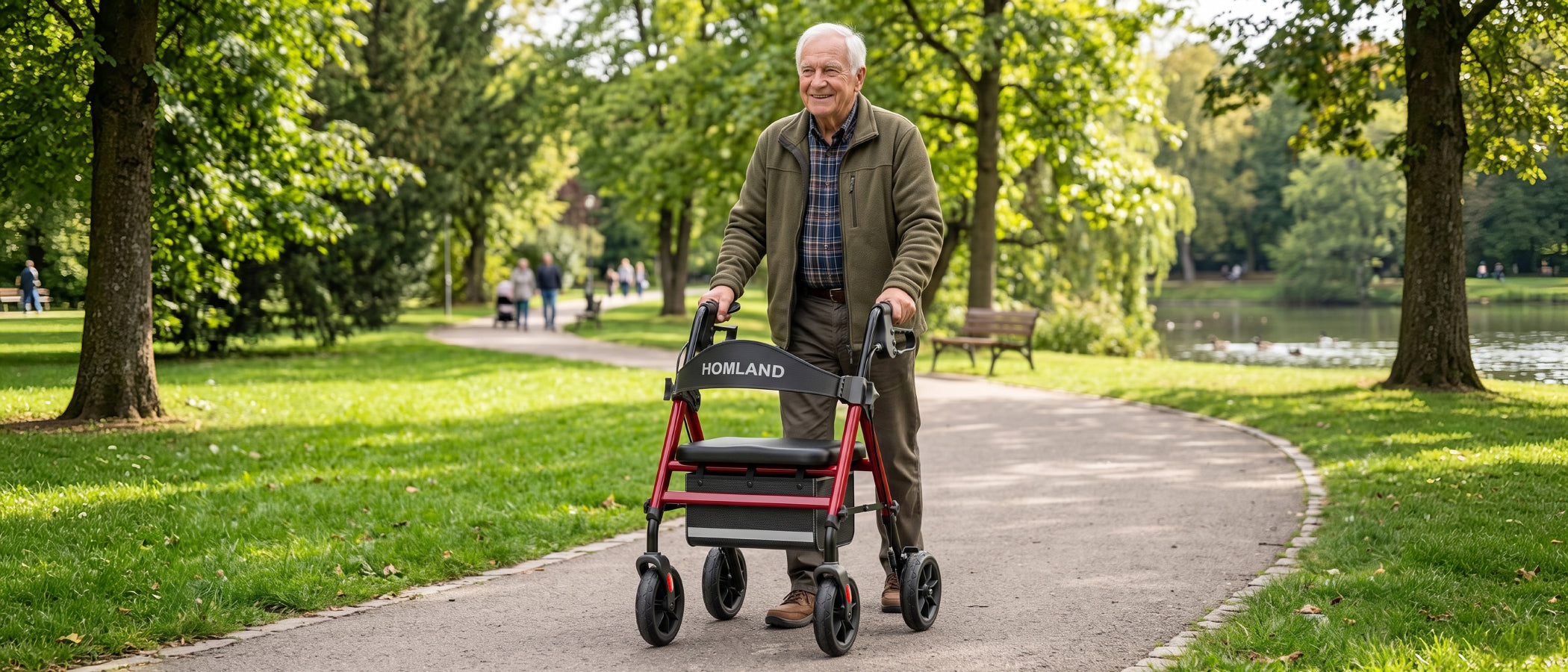 Senior walking with the red HOMLAND R11 rollator on a park path