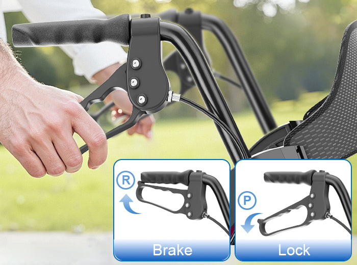 Close-up of R15 rollator hand brake and parking lock positions