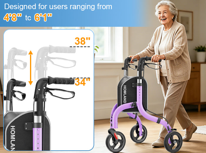 Senior woman using the RW310 walker beside a handle height chart from 34 to 38 inches