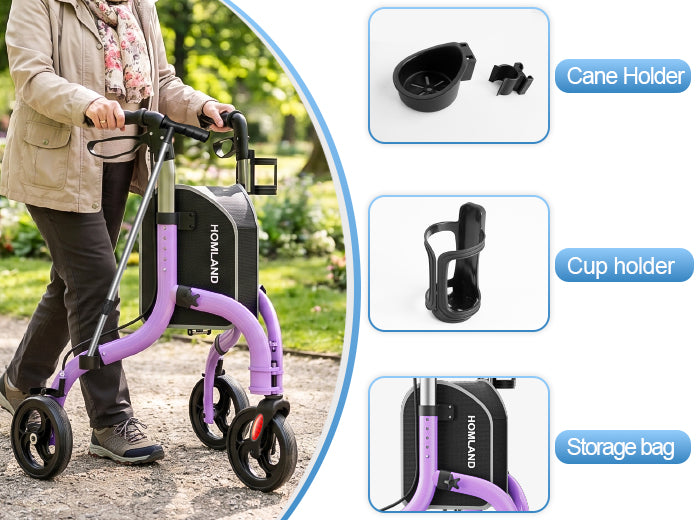 RW310 walker outdoors with cane holder, cup holder, and storage bag callouts