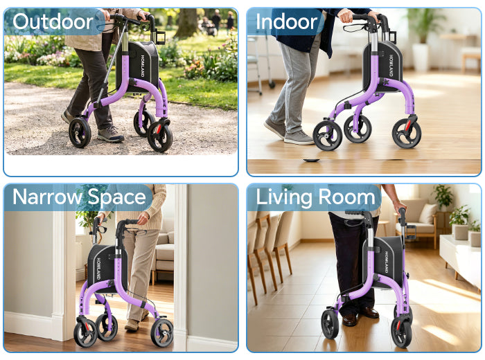 RW310 three-wheel walker shown for outdoor paths, indoor floors, narrow spaces, and living rooms