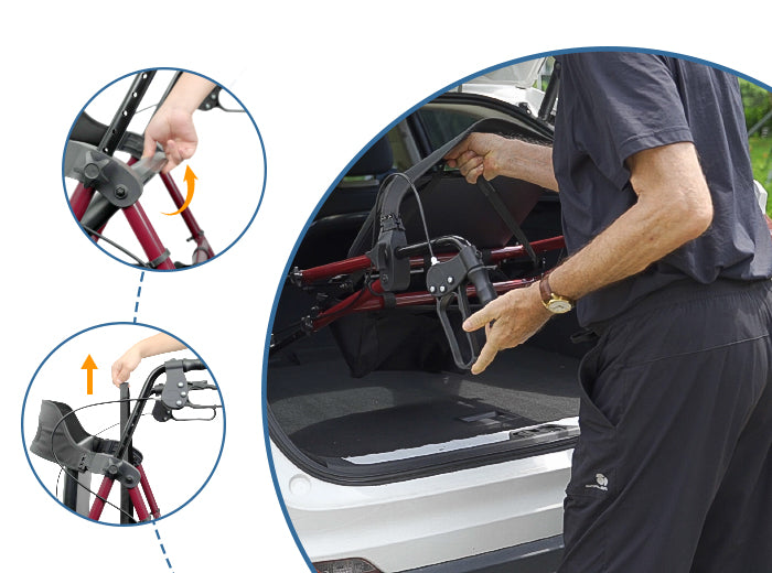 Person folding and loading the RW410 rollator into a car trunk