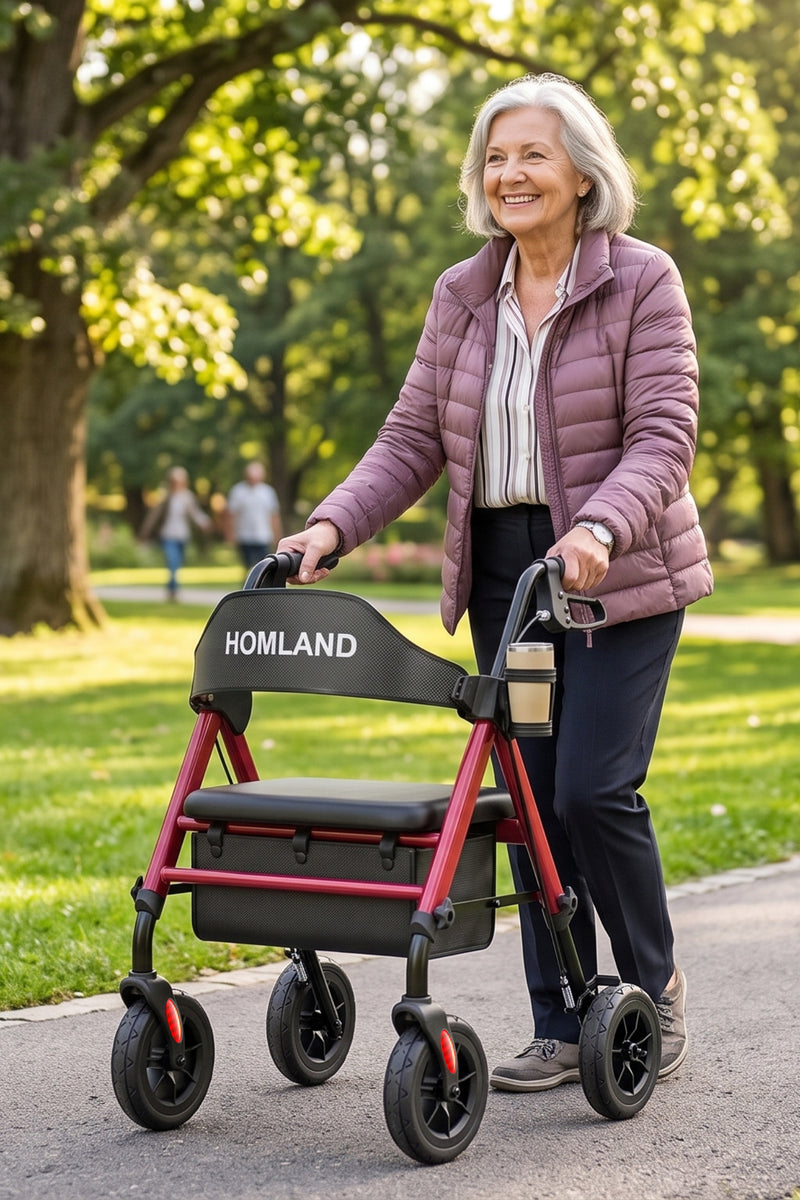 Senior woman using the HOMLAND RW410 rollator on an outdoor park path