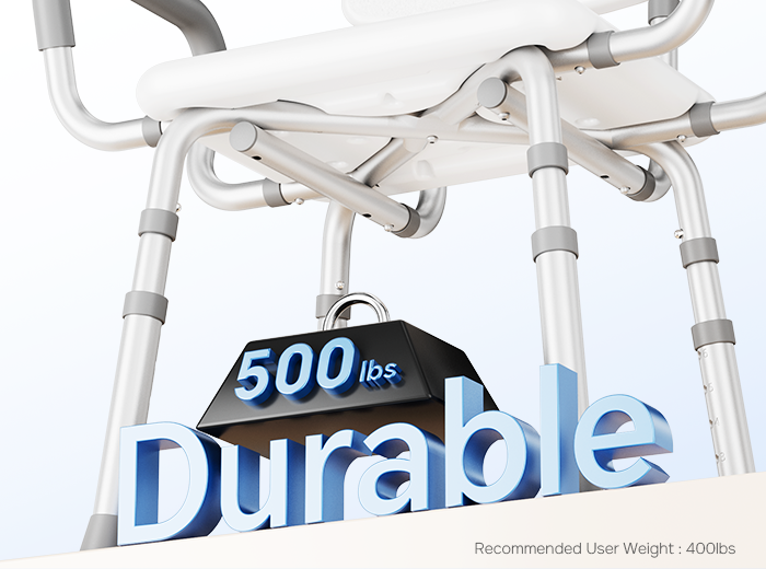 Underside view of HOMLAND SHC20 shower chair showing reinforced frame and 500 lb capacity graphic