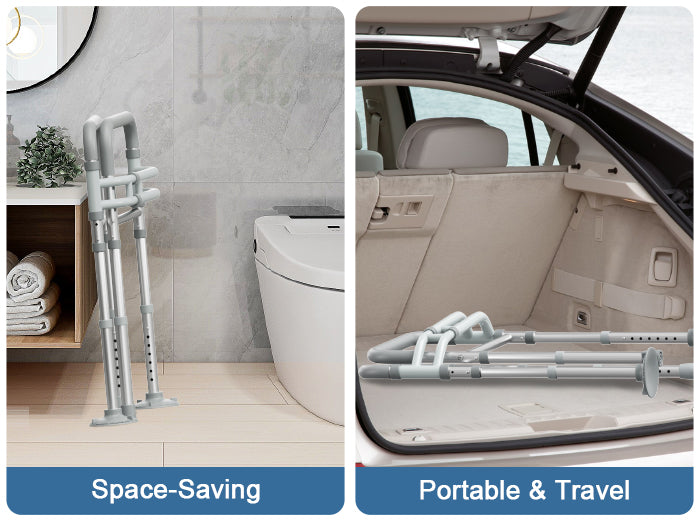Folded HOMLAND T8 toilet safety rail shown beside a toilet and stored in a car trunk