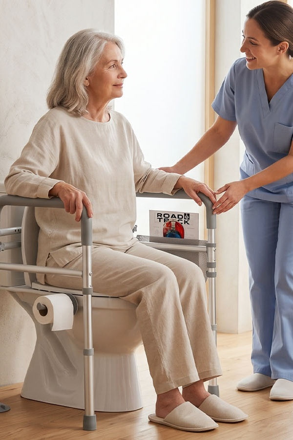Caregiver assisting a senior woman using a HOMLAND toilet safety rail for safer bathroom support
