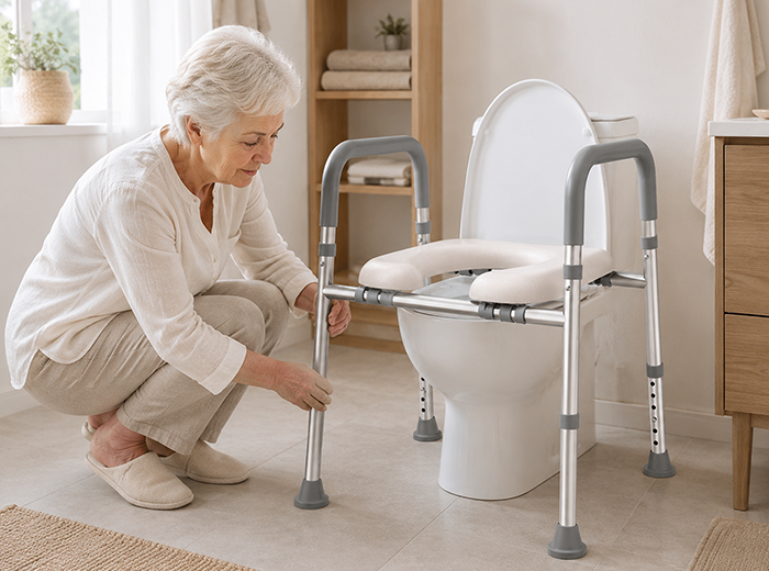 A women is installing the TRB10 raised toilet seat with out tool needed