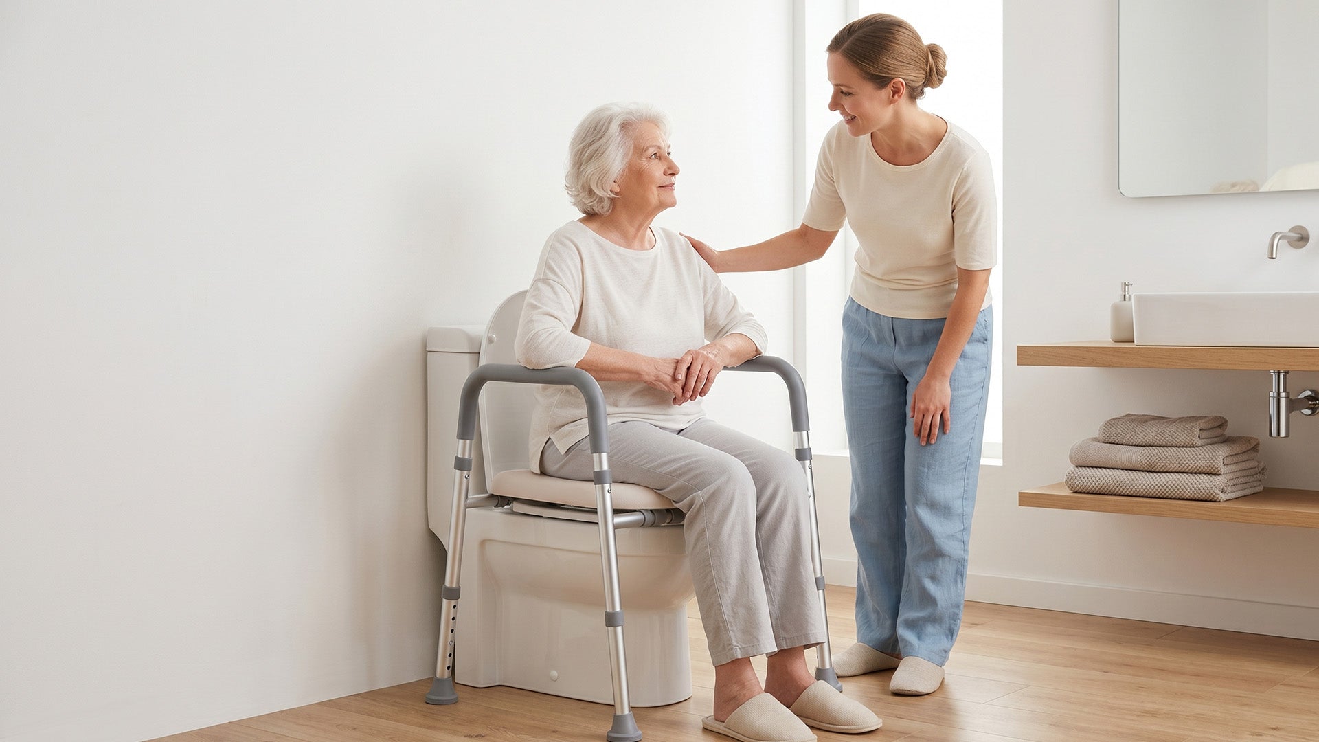 An old women sitting on TRB10 raised toilet seat over the toilet with a young lady stand beside