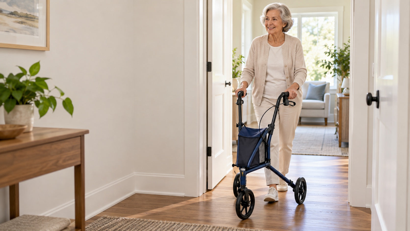 Three-wheel rollator used in a home setting