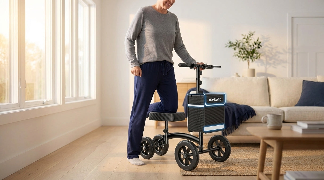 A Old lady use knee scooter in her living room