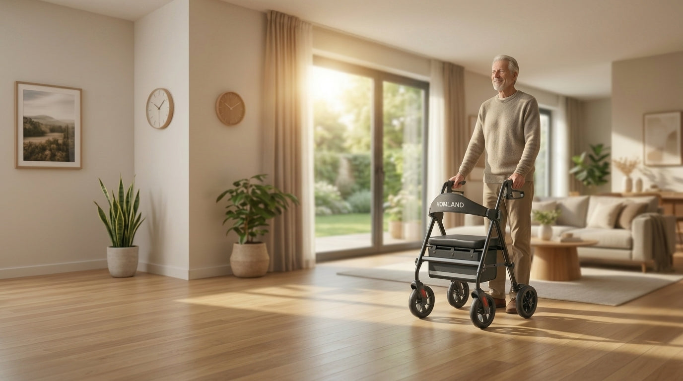 A confident elderly tall man stands independently in a sunlit home interior, comfortably gripping his HOMLAND four-wheel mobility walker.